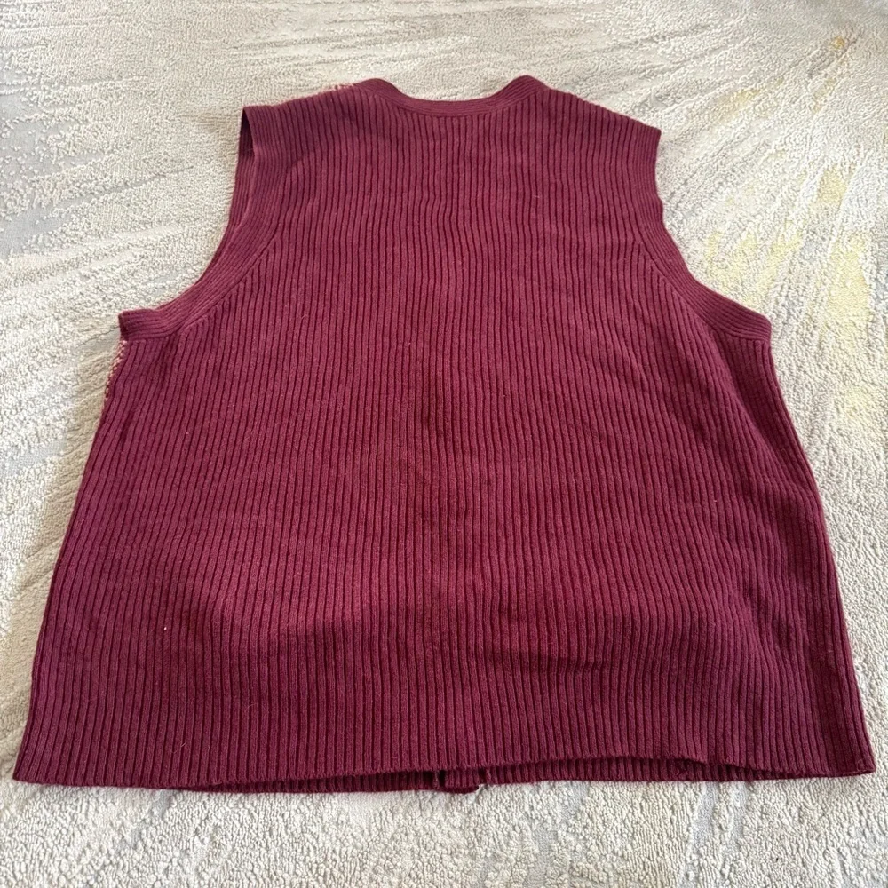 Lands' End sweater vest Burgundy red Herringbone Knit V Neck button font XXL